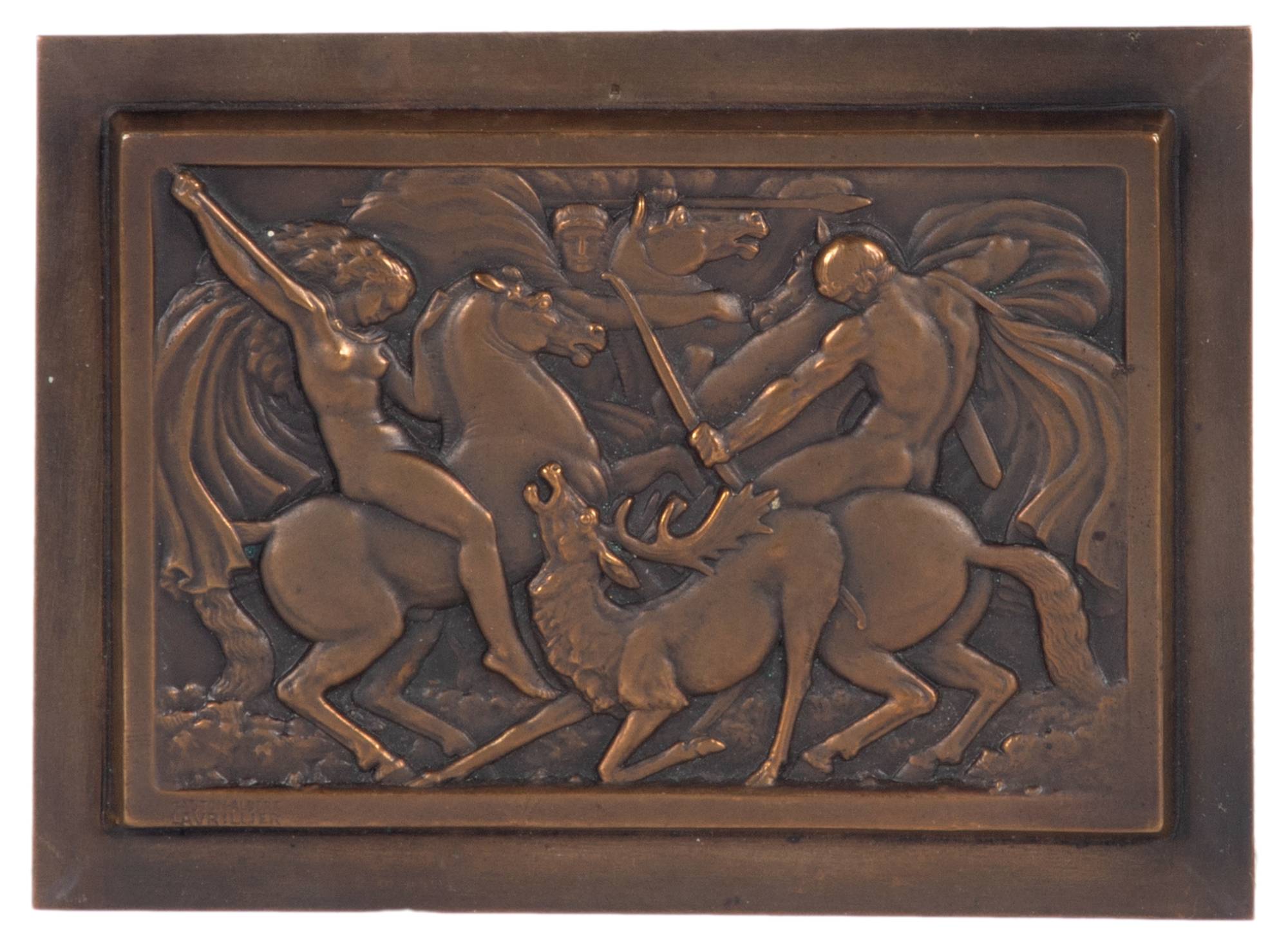Metal plaque with a hunting scene that includes people on horses and an elk.
